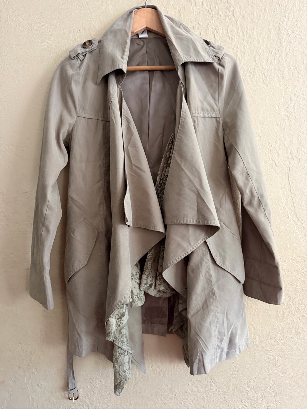 Light Green Draped Trench Coat with Lace Trim